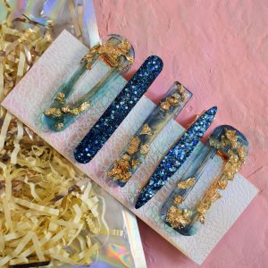 Handmade blue resin hair clips