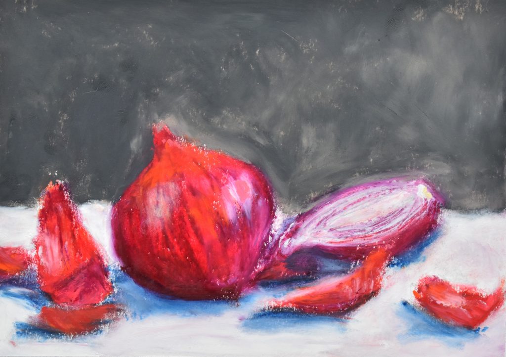 Red onion oil pastel by Rugile Eiegrdaite