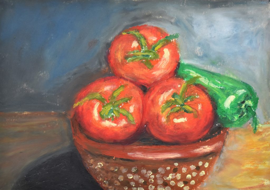 Tomatoes and pepper oil pastels by Rugile Eigerdaite